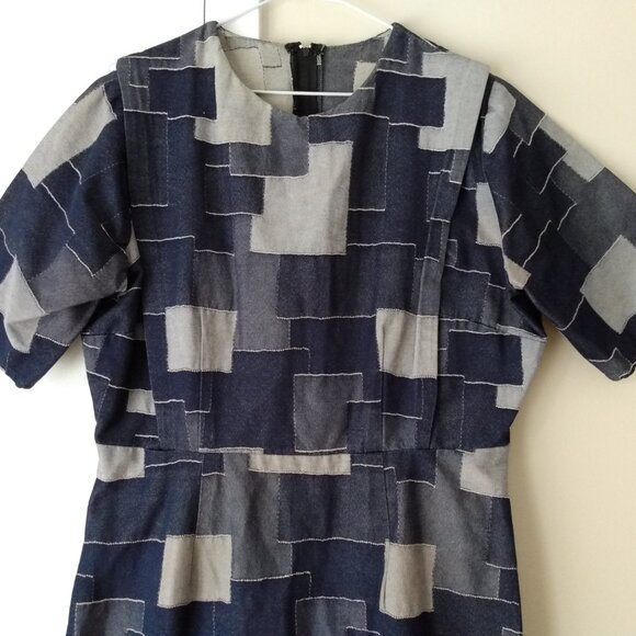 Handmade Denim Jean Patchwork Dress Plus Size 44.5"B 34"W Amish Mennonite Cape - Picture 3 of 14